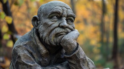 Dol hareubang stone grandpa sculpture deep in thought surrounded by autumn foliage in a serene natural setting