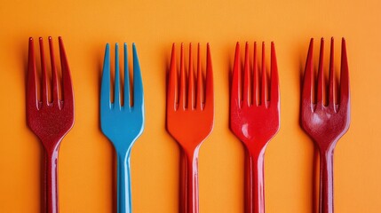 Vibrant Plastic Forks in Varying Colors Arranged on Bold Orange Background