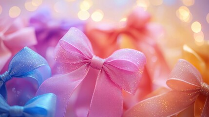 Colorful Ribbons and Bows with Blurred Bokeh Lights for Festive Decoration and Celebration Themes