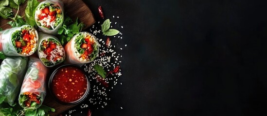 Fresh colorful spring rolls with vibrant red salsa on a dark background ideal for culinary promotions or recipe designs