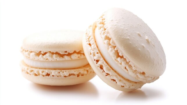 Elegant white French macarons stacked on a clean white background showcasing delicate texture and creamy filling for dessert inspiration.
