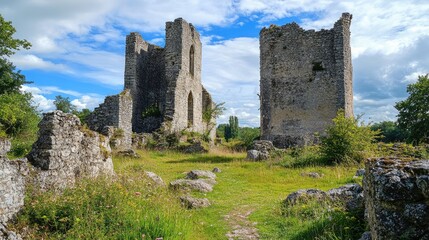 Ruins of a medieval castle set against a blue sky with clouds showcasing nature's reclamation of historical architecture