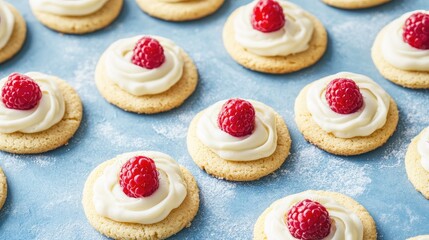 Delicious cookies topped with creamy icing and fresh red and white raspberries on a light blue background