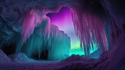 Vibrant Aurora Borealis Illuminating Majestic Ice Caves in a Serene Winter Landscape