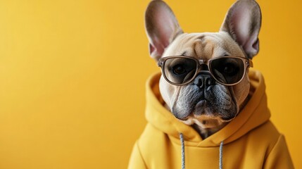 Stylish French Bulldog in Yellow Hoodie and Sunglasses on Bright Background with Copyspace for Creative Text and Branding