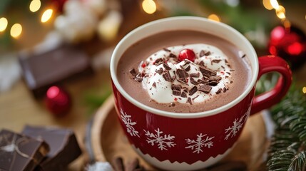 Cozy hot chocolate in festive red mug topped with whipped cream and chocolate shavings surrounded by winter decorations and lights