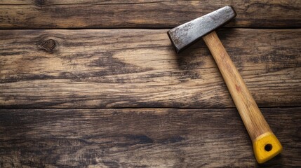 Caucasian worker hammering wooden planks at construction site with large empty space for text featuring warm brown tones and close-up angle.