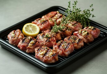Grilled Meat Platter with Fresh Herbs and Lemon Slices on a Black Tray - Gourmet Culinary Presentation for Restaurants and Food Photography