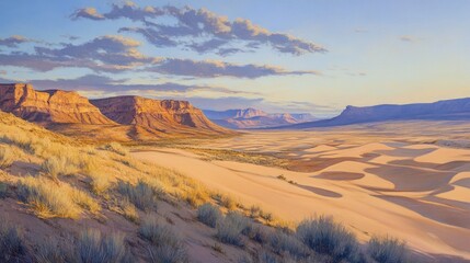 Naklejka premium Serene desert landscape with rugged dunes and dramatic mountains under a colorful sky at sunrise
