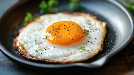 Perfectly cooked fried egg with a golden runny yolk served on a cast iron skillet garnished with herbs and black pepper