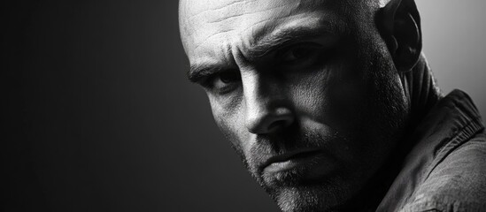 Intense male portrait in black and white captured in studio lighting with dramatic shadows and substantial empty copyspace for text use.