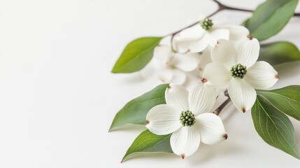 Obraz premium Dogwood flowers with white petals and green leaves elegantly arranged on a soft white background showcasing natural beauty and tranquility