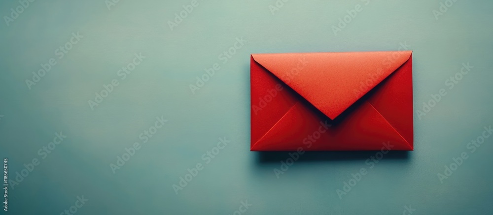 Poster red envelope on teal background with ample copyspace for text in a minimalist communication concept.