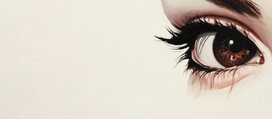 Close-up of a light brown eye with prominent black eyelashes and eyebrows against a soft white background, featuring ample copy space for text.