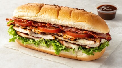Savory three layer sandwich featuring bacon turkey tomato lettuce and pepper jack cheese on a neutral background with dipping sauce on the side