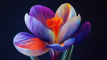 Multicolored crocus flower with intricate petal patterns against a dark background showcasing nature's beauty and vibrant colors