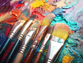 Obraz premium Colorful palette of vibrant oil paints with assorted artist brushes in foreground, showcasing rich textures and hues, ideal for creative composition.