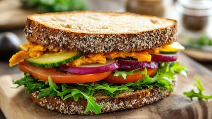 Healthy vegetable sandwich on whole grain bread with fresh greens and colorful toppings served on a wooden board in a rustic setting