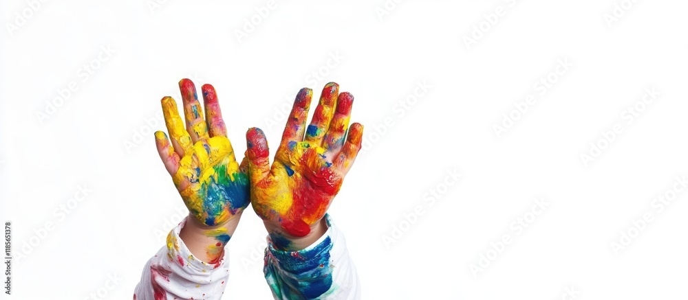 Wall mural Colorful painted hands of a cheerful young girl raised against a clean white backdrop, creating ample space for creative text and design elements.