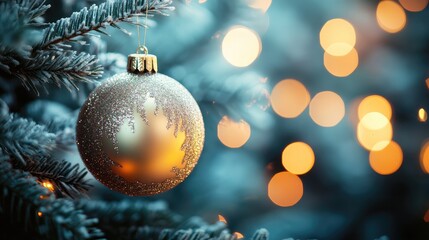 Enchanting golden Christmas ornament with soft glowing lights in the background creating a magical festive atmosphere