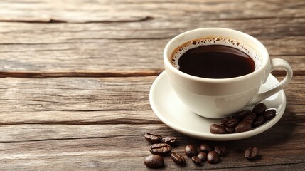 Obraz premium Coffee Cup on Wooden Table with Coffee Beans and Blank Note for Text Space in Cozy Setting