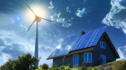 Obraz premium Solar panels on house roof, white wind turbine beside it, renewable energy concept