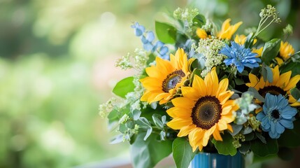 Obraz premium Vibrant floral bouquet featuring sunflowers and blue flowers in a lush green setting.