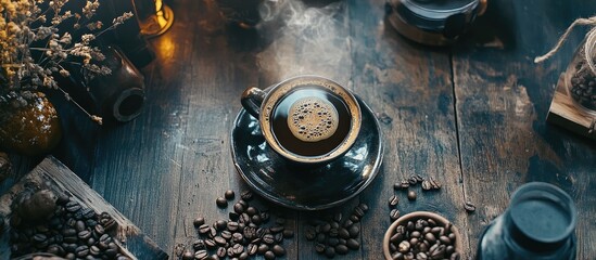 Steaming cup of coffee with coffee beans and rustic decor ideal for cafe menu design or coffee shop marketing materials