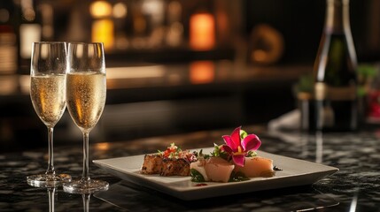 Elegant three course gourmet dinner with champagne served on a luxurious granite countertop in upscale dining setting