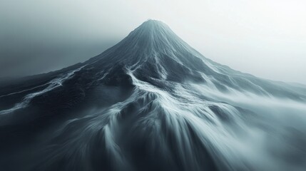 Towering green mountain peak with dense pine forest
