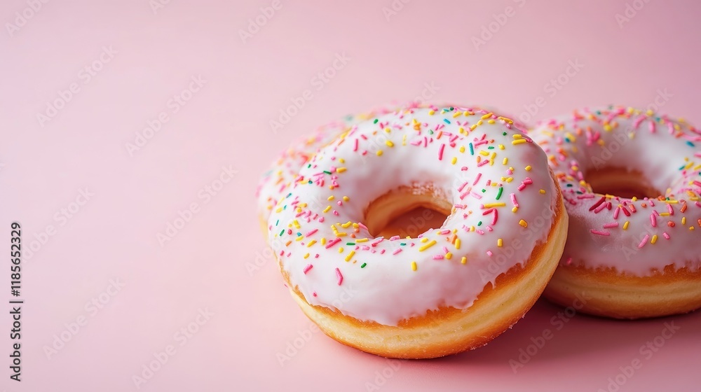 Sticker Delicious pink iced donuts with colorful sprinkles on a pastel pink background perfect for dessert and bakery themed projects.