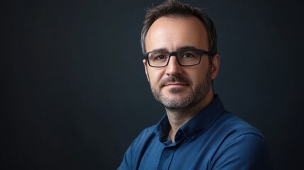 Obraz premium Professional portrait of a confident man with glasses against a dark textured background, showcasing innovation and entrepreneurship concepts.