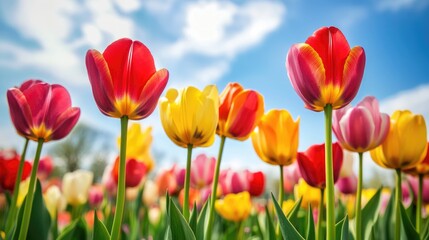 Obraz premium Vibrant colorful tulip fields with blue skies showcasing spring beauty during a lively tulip festival in full bloom.