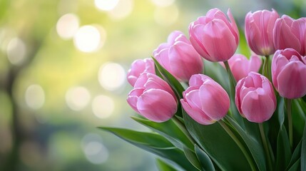 Fototapeta premium Elegant bouquet of pink tulips in soft focus background perfect for spring and floral decoration themes