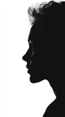 Brother and sister vertical silhouette profiles in deep black against white background, showcasing contrasting facial features with ample empty space for text.