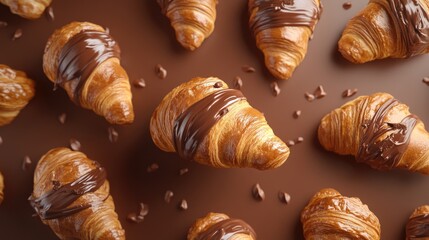 Freshly baked croissants drizzled with rich chocolate cream on a chocolate backdrop showcasing indulgent pastry perfection