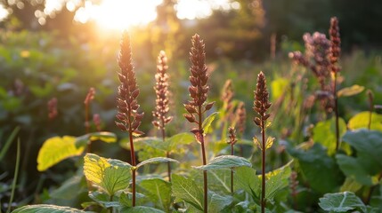 Sorrel Rumex patientia plant with green leaves basking in sunlight during sunset in a beautiful garden setting