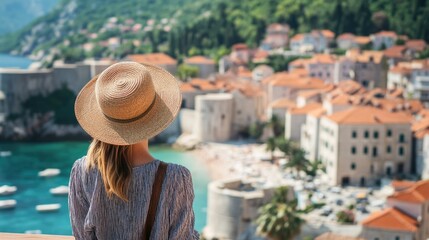 Fototapeta premium Caucasian woman in straw hat gazing at scenic Budva Montenegro from observation deck, vibrant rooftops and sea in background, spacious sky for text.