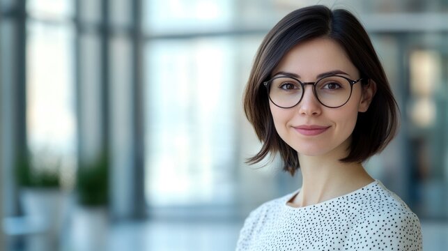 Charming dark-haired business woman wearing glasses confidently conversing on mobile phone in modern spacious office with soft natural light and large empty copyspace for text
