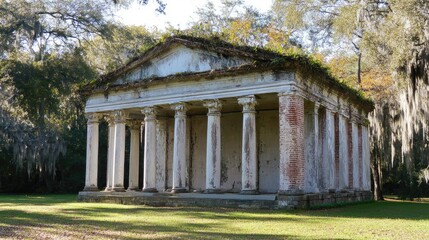 Obraz premium Abandoned historic ruins featuring columns overgrown with greenery in a serene park setting surrounded by trees and lush grass.