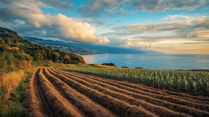 Obraz premium Vibrant Coastal Landscape with Crops and Ocean View at Sunrise