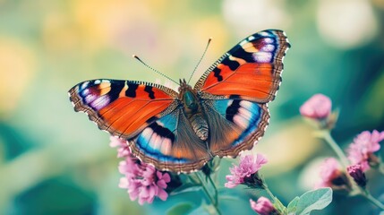 Naklejka premium Vibrant red aglais io butterfly displaying its colorful wings on delicate pink flowers in a lush garden setting.