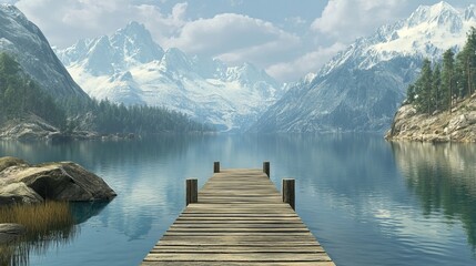 Obraz premium Tranquil Wooden Dock by Serene Lake with Majestic Mountains in the Background Under Clear Blue Sky