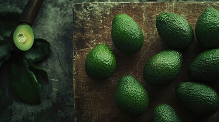 Vibrant green avocados on a rustic cutting board showcasing their rich texture and natural beauty overhead view.