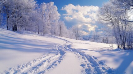 Fototapeta premium Winter landscape with snow-covered hills and sled tracks under a bright blue sky showcasing the beauty of pristine snowy nature.