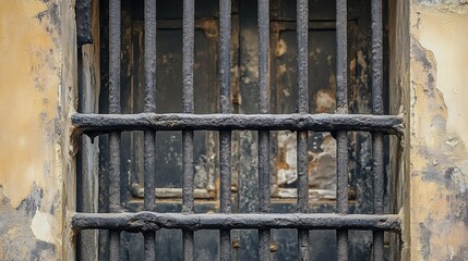 Rustic architecture featuring weathered black iron bars on a vintage window and door exhibiting historical character and aging textures.
