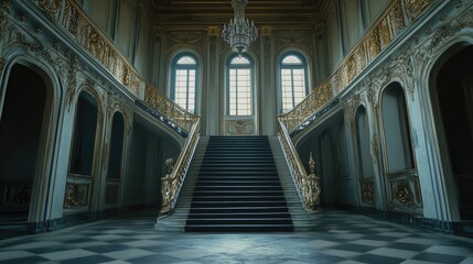 Elegant interior of a historical royal palace showcasing grand staircase and ornate chandeliers in luxurious architectural design