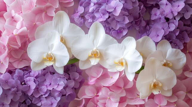 Floral background with delicate white orchids and vibrant purple pink hydrangeas creating a serene and elegant atmosphere