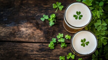 St Patricks Day celebration with frothy beer glasses and clover decorations on a wooden surface