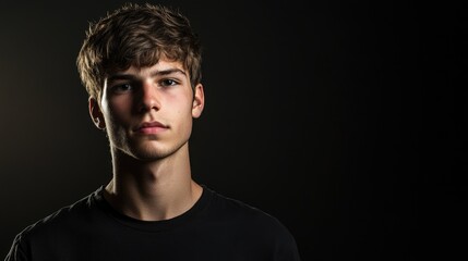 Fototapeta premium Backlit profile of a young man against a dark background, showcasing a serious expression and ample empty space for text overlay, portrait, youth, model photography, advertising use.
